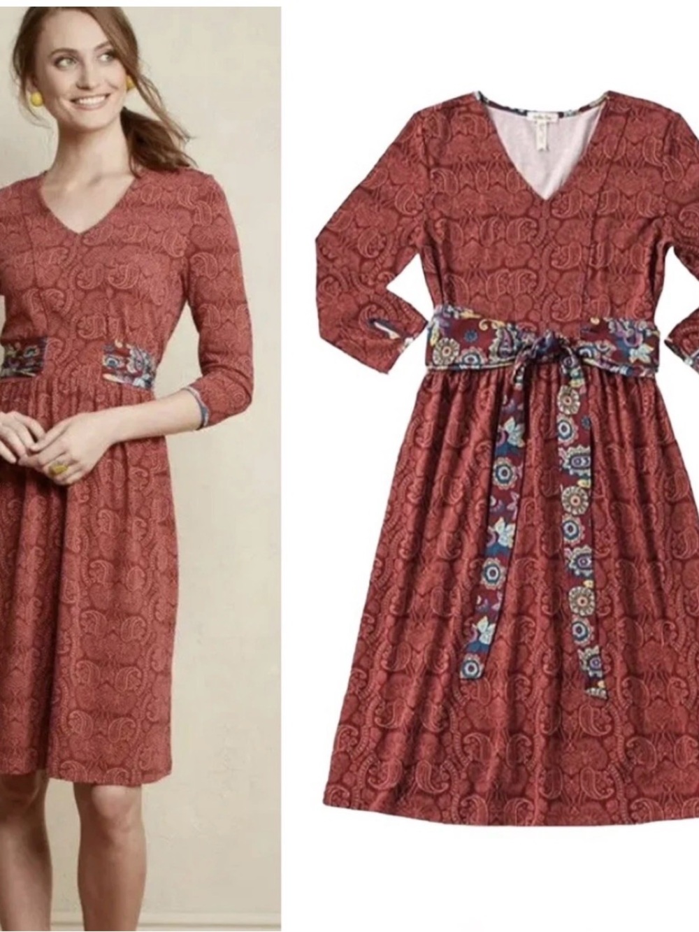 Matilda Jane Ariana Paisley V‑Neck Midi Dress with Floral Waist Sash Size L NWT